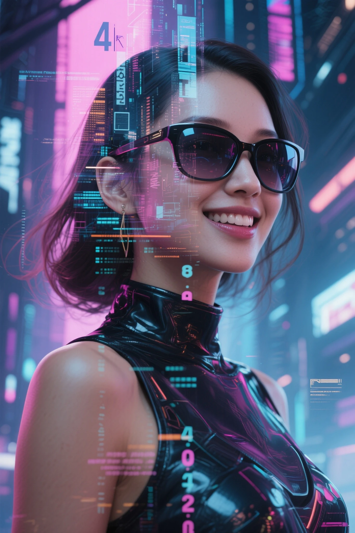 미래적 cyberpunk 풍경,stylish woman,future city reflected in sunglasses,Complex Double Exposure,natural double exposure,Strong smile ,future world expressed in numbers,Detailed Facial Features,graceful posture,Strong impression,4K,high definition,Realistic,Photorealism,Professional Level,sharp focus,physically-based rendering,extreme detail,vivid colors,blurry background,databases,digital art,cyberpunk,photography,Concept Art