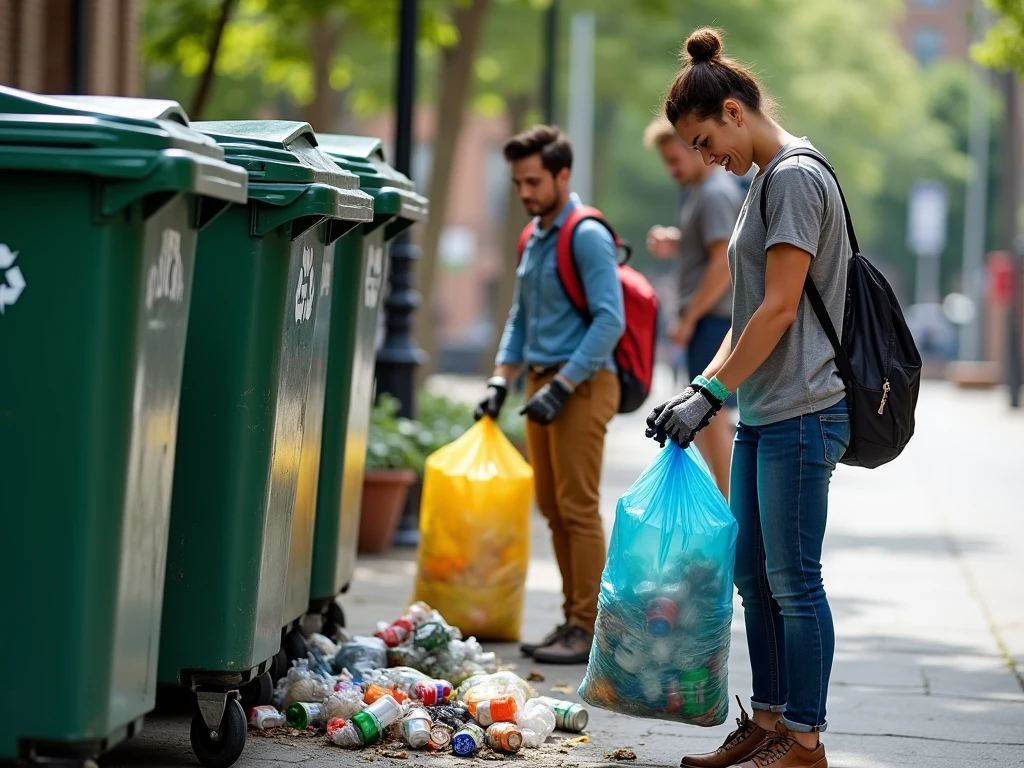 Drawing of a female college student picking up trash color photo