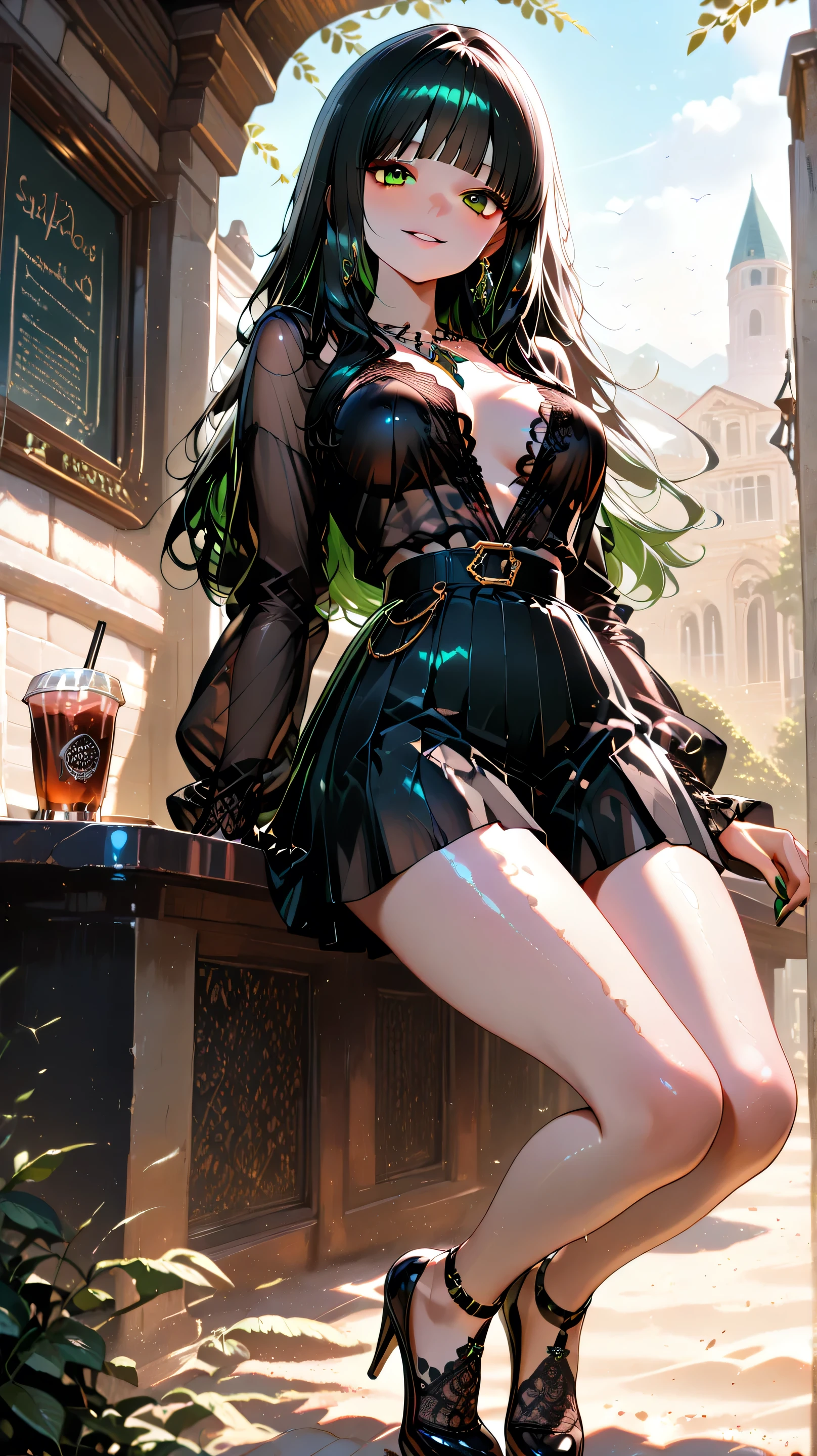 masterpiece, best quality, very aesthetic, absurdres, (masterpiece), (high detailed), (4k), (enhance shadows), (enhance contrast). Dominican woman, sand-color skin, athletic skittle-shaped body type, black long hair, green eyes, 22 years old, cup-B size 32 breast. Smiling. Wearing black translucent lace blouse, black pleated micro skirt, red high platform pumps, braless. In the park. Facing the viewer.