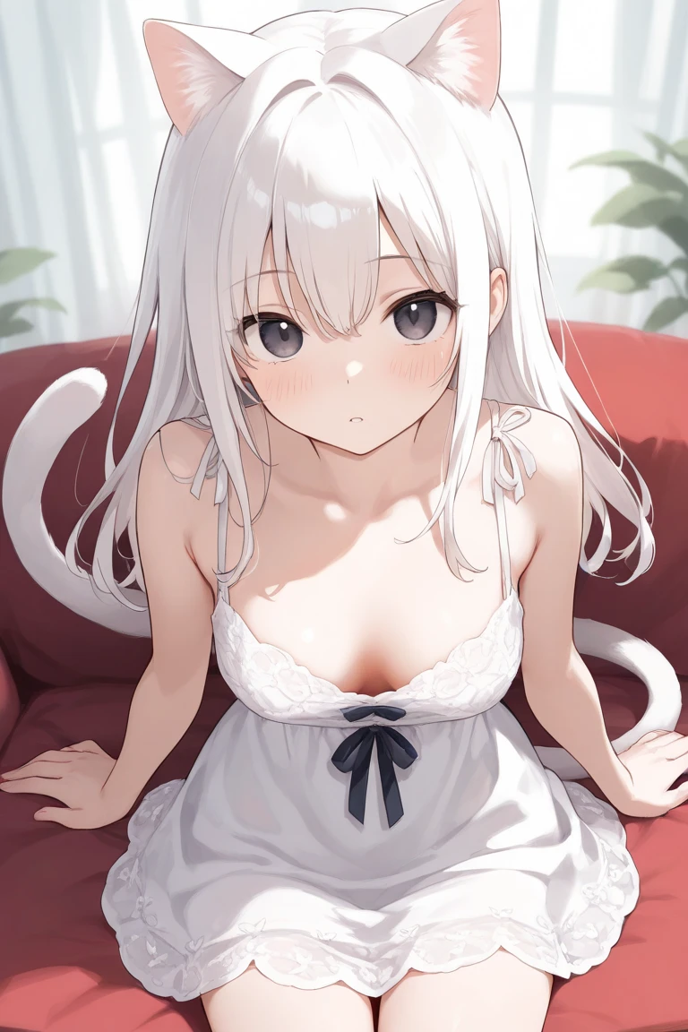 extra large breasts,突出extra large breasts,特写extra large breasts,Breasts mostly exposed,nude,blush, surprise,Look at me,looking at the audience,sitting,kneeling,put on bed,Knees together,internal figure eight,red pupils,lace jumpsuit,Slender legs,beautiful hair、 beautiful eyes、 beautiful skin、beautiful legs、beautiful arms、perfect fingers、 Very cute,white hair, long hair,white cat ears, white cat tail,best quality,High resolution,top quality,pink bow,slender eyebrows,hair slightly moist,On a very large white bed, white pillow,perfect waist,Skirt has cutouts at the end,pout,The clothes are a little wet,little girl,very young,18 years old,shy smile,Long messy white hair tied up,Seductive pose,chiaroscuro,bare shoulders,nude房间,slit sleeves,There are a few drops of water on the breast,bare legs,barefoot,Ray tracing,disdainful expression,Beautiful girl alone,Most of the body is exposed,pink miniskirt,Gently lift up the skirt with both hands,shy expression,exposed breasts,The whole body was soaked with water,colorful appearance,Exposed cleavage,Wear white knee-length socks