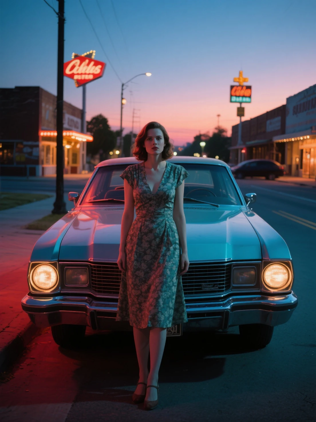 Ava Red, the Wizard of Magical Colors, mechanical priestess,hyper realistic, 3D, high resolution full frame, 35mm film, photography, Gregory Crewdson, Stranger Things, —ar 3:1
