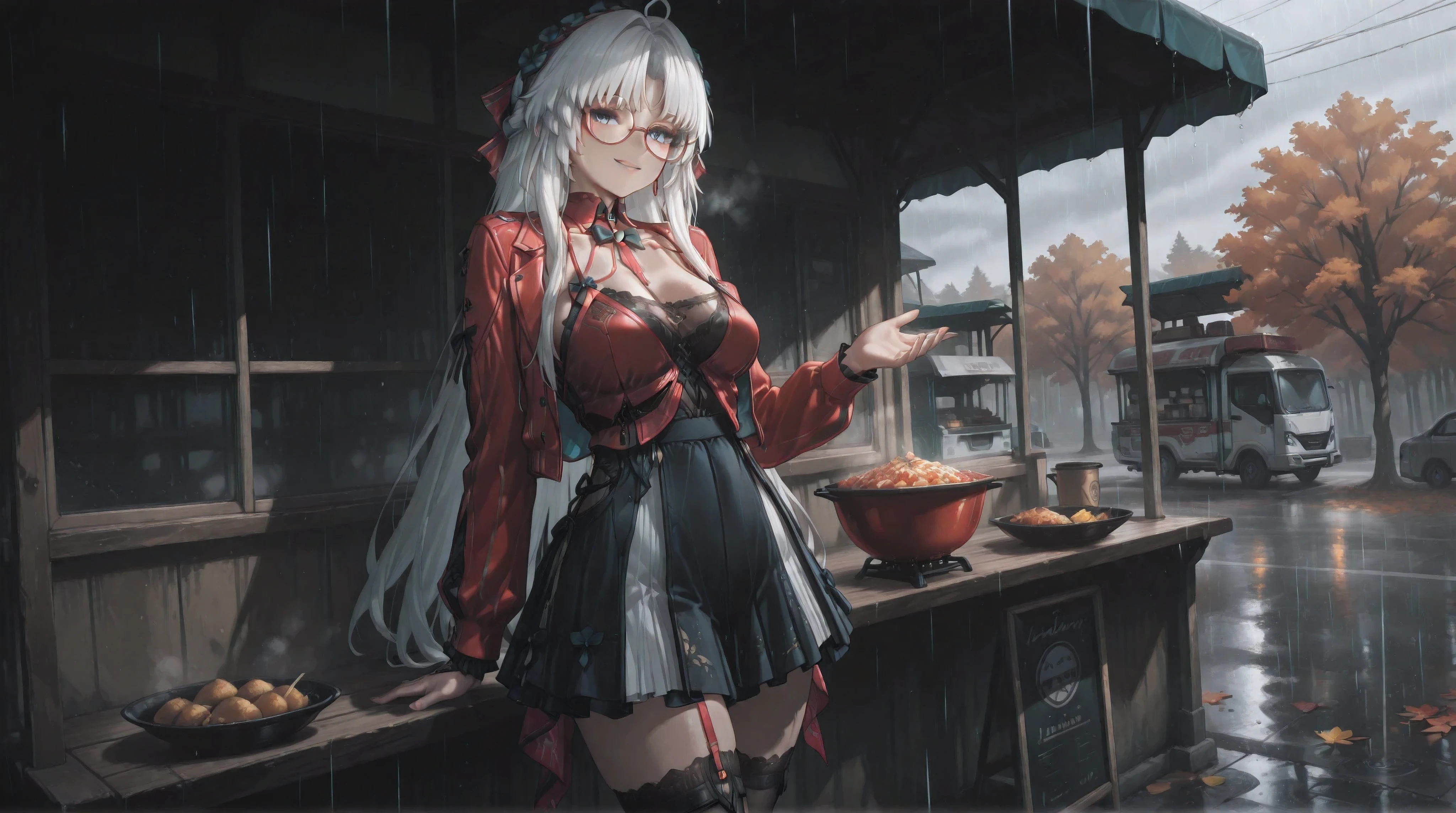 (NSFW:1.1), A Realistic image, extremely sharp focus, crisp details, high resolution, low light, cinematic, fashion photography, 4K, 8K. (correct anatomy and detailed hand). A wide angle shot, side view, a detailed, high quality rendering of Carlotta (carlottavp2) from Wuthering Waves. She wears beautiful, detailed round eyeglasses, she wears a camisole, varsity jacket and miniskirt. She has a beautiful large breasts. She has a beautiful face details, a beautiful detailed blue eyes, white hair, long hair, detailed hands, five fingers and a real human skin, her expression is happy and she looks at the viewer. She's standing in front of a food truck. Rain, autumn, dramatic cold soft light casting soft natural shadows, cold and warm color pallete. the background has highest detail, detailed background and depth of field.