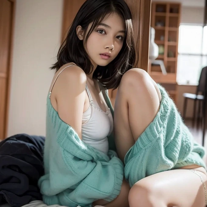 girl  sleeping、22 years old、逼真、Wearing a light blue cardigan、Has black hair。insertion、Female genitals、masturbation、touch and play、Panting face、Slim legs