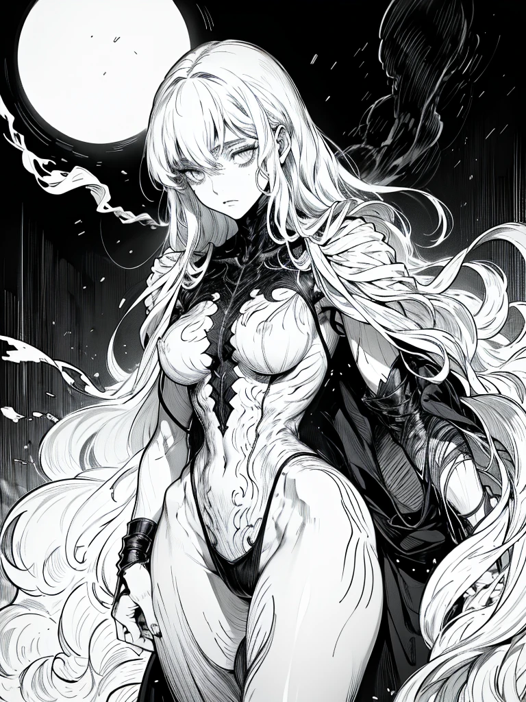 Women with shocked expression looking down, standing black and white manga image
