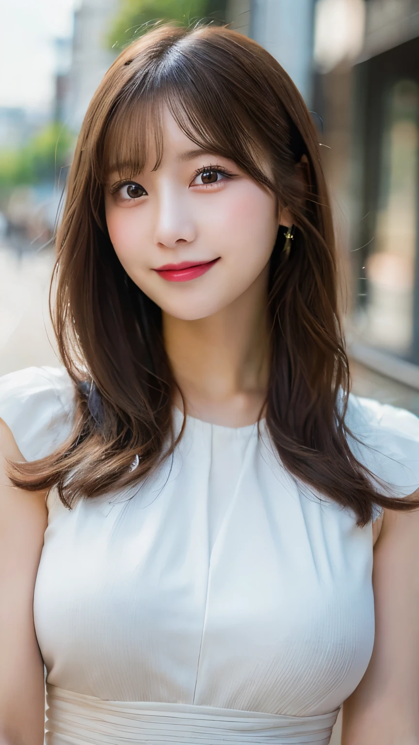 masterpiece, best quality, illustration, ultra-detailed, finely detailed, high resolution, 8K wallpaper, perfect dynamic composition, beautiful detailed eyes, summer blouse setup clothes, medium hair, small breasts, natural color lips, bold sexy poses, smile, Harajuku, 18 years old girl, cute, sexy shot, looking at camera