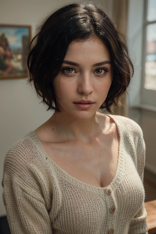 8k, RAW photo, Fujifilm, style photo of a beautiful dark haired young woman as avril sitting on an armchair by the window in a cottage in the country (highly detailed skin: 1.2) Style-Petal BREAK short hair, black shoulder-length messy hair, skin texture, wearing a wool sweater and velvet trousers with a cottagecore style, film granulation, 35mm, cute style,(tilted:1.3) under a spotlight, volumetric dust clouds, key light, backlight, soft natural lighting, photography Film grain ISO 400 30 mm lens RAW f1.8 aperture, highly detailed (analog photography:1), colors hdr, cottagecore