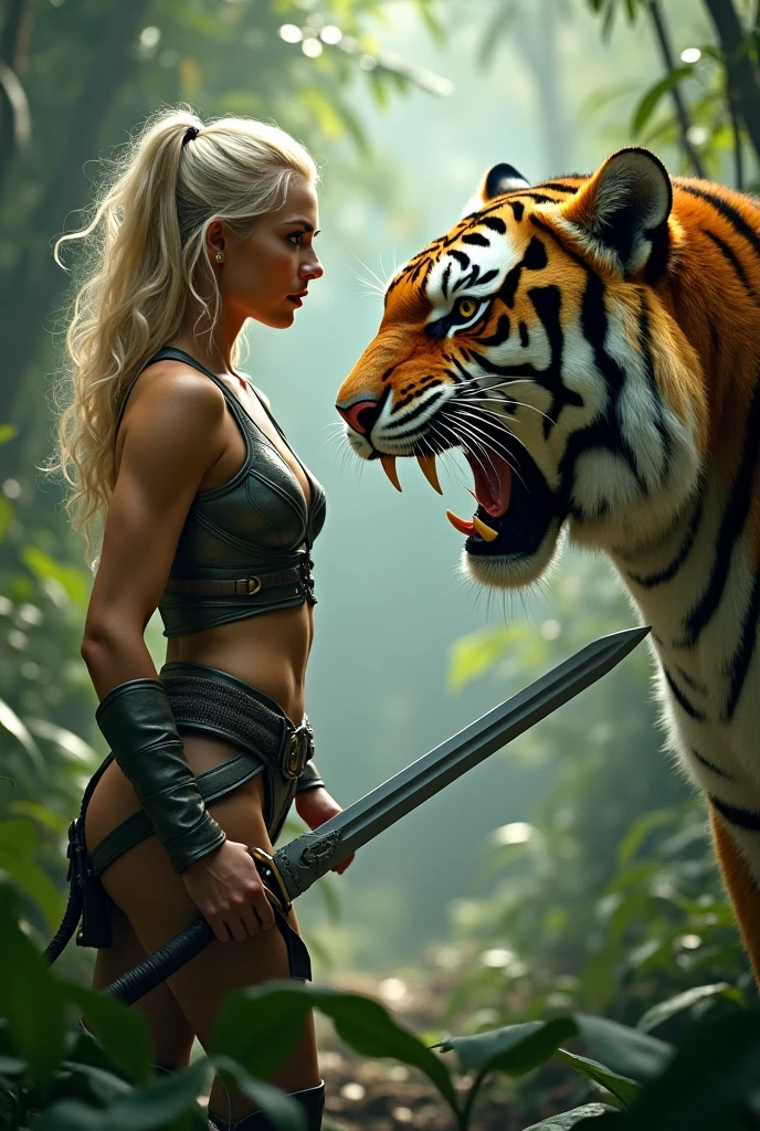 A Thai female warrior with short golden hair,golden brown armor,claw weapon on the back of her hand,tattoo on left arm,riding a tiger,(best quality,4k,8k,highres,masterpiece:1.2),ultra-detailed,(realistic,photorealistic,photo-realistic:1.37),detailed eyes,detailed lips,extremely detailed face,longeyelashes,dramatic lighting,fantasy,concept art,vibrant colors,cinematic