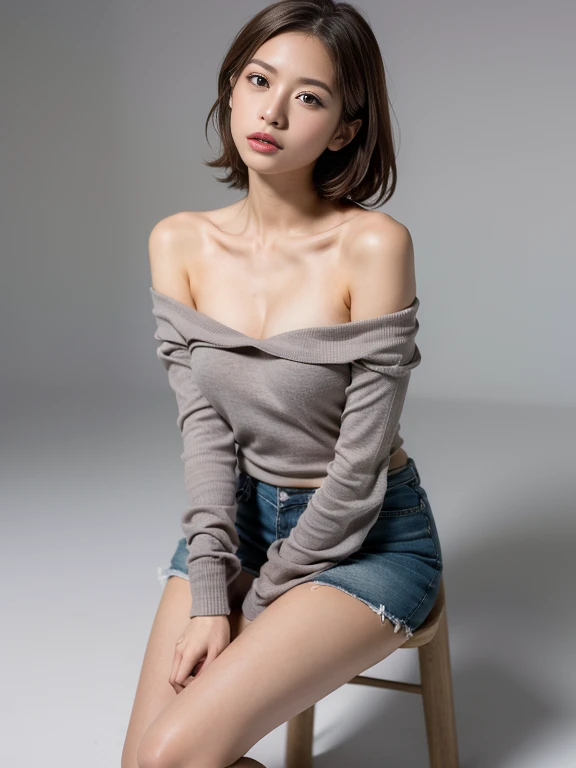 absurdres, RAW photo, extremely delicate and beautiful, masterpiece, Best Quality, ultra high resolution, 32k, hyperrealistic, ultra-detailed, perfect anatomy, super Detailed skin, perfect figure, Japanese woman, late 20s, very Slim body, narrow waist, very small head, handsome detailed woman, very detailed eyes and face, realistic face proportions, Stunning detailed eyes, Realistic beautiful face, very small face, Realistic small beautiful eyes, tearful mole, earring, beautiful and very thin legs, beautiful and very thin thighs, ((very huge round breasts)), medium hair, black hair, ((((full body shot)))), ((sweater)), ((sleeveless)), pencil skirt,
