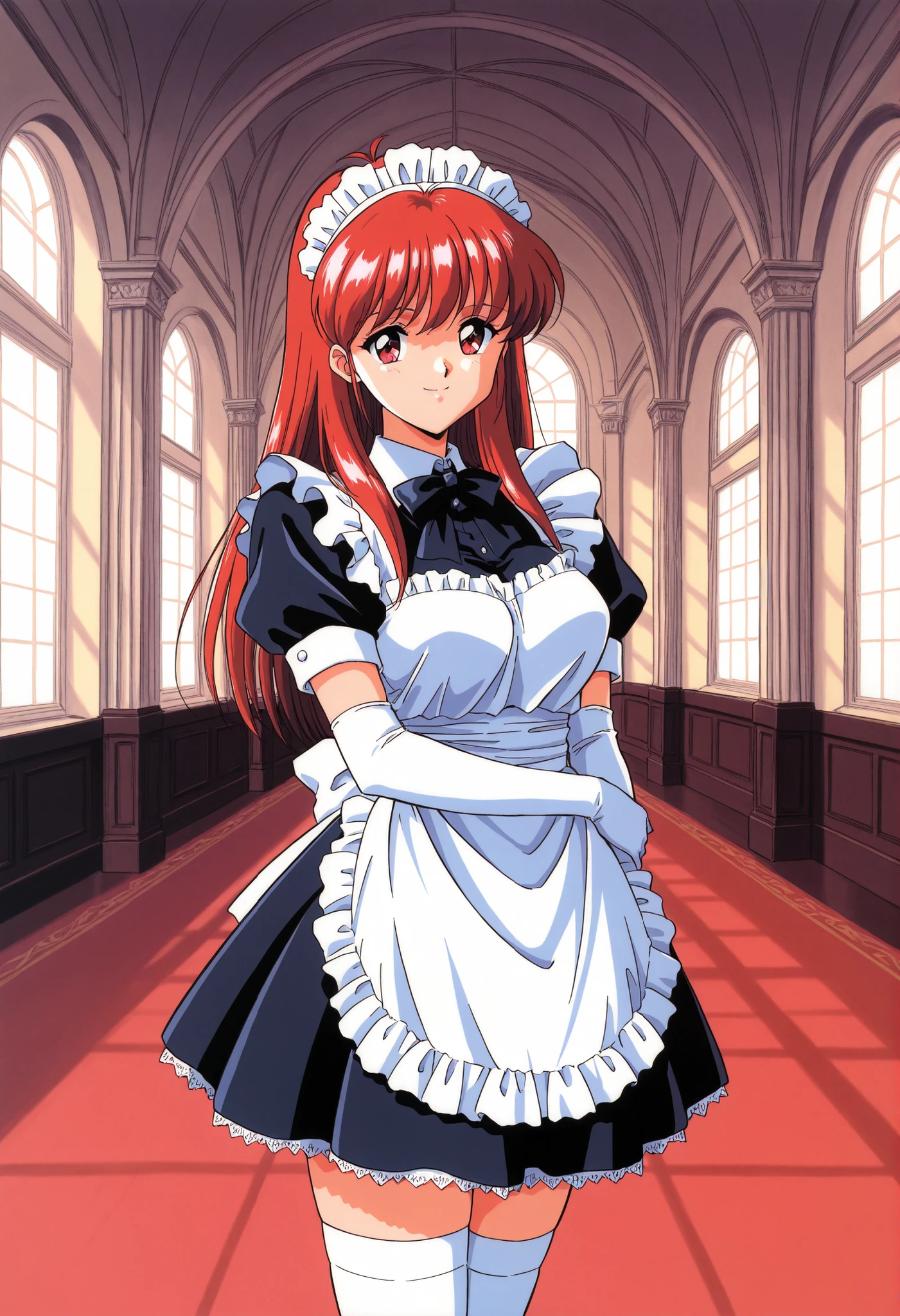 Score_9, score_8_up, score_7_up, source_anime, Fujisaki_Shiori, 1girl, solo, long hair, red hair, red eyes, large breasts, bangs, 1990s \(style\), kokura masashi style, (best quality), (high quality), {masterpiece}, extremely delicate and beautiful, ultra-detailed, beautiful detailed eyes, maid, black maid costume, short sleeves, puffy sleeves, white headdress, white frilled apron, white elbow gloves, white thighhighs, mansion, indoor, smile, closed mouth, standing