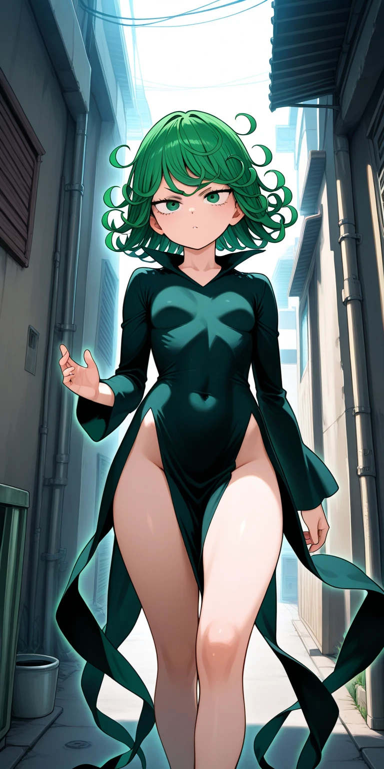 (masterpiece, best quality:1.2), cowboy shot, solo, 1girl, tatsumaki, lustful, closed mouth, looking at the viewer, ass, elastic ass, wide hips, black dress, blue sky, clouds, erotica,