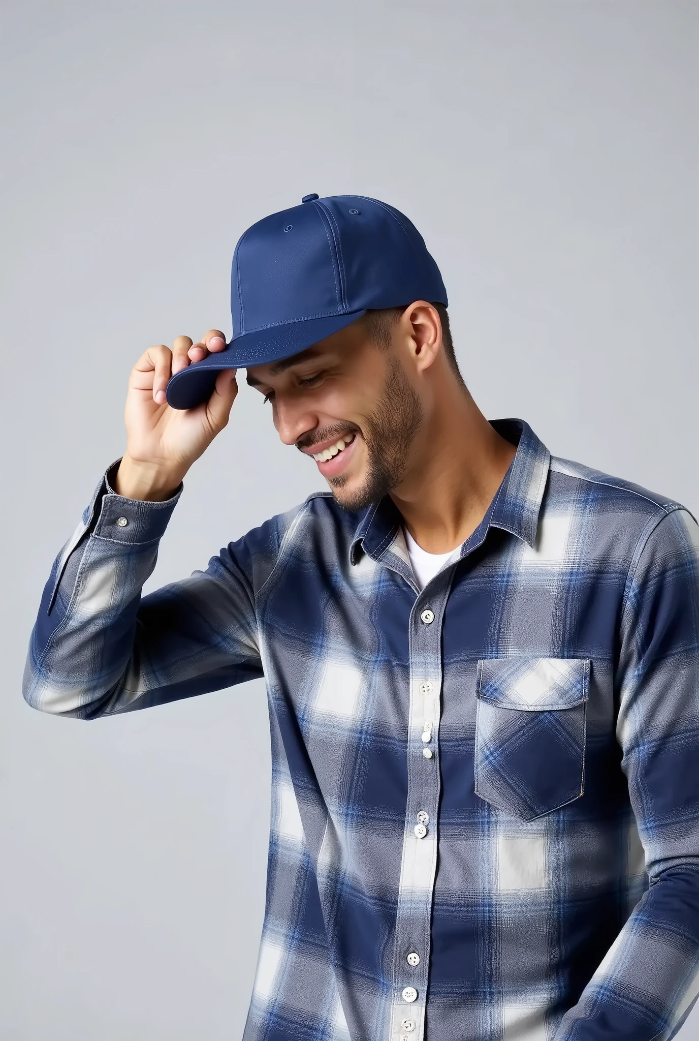 A man wearing a simple blue cap and a plaid shirt, tilting the head slightly downward, while holding the cap brim with one hand. The background is simple and light gray . Your expression is relaxed and cheerful, and his face is partially obscured by the cap. The image has clean lighting, similar to that of a studio, e um estilo casual.
