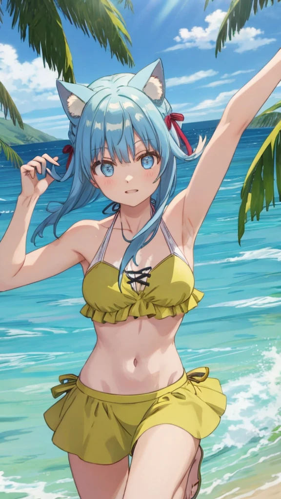 NSFW,masterpiece,Highest quality,High resolution,Super detailed,Sinon\(Sword Art Online\),High quality sexy black and white micro bikini,green cropped jacket,Short sleeve,Black shorts, hair ornaments, Hair Clip,Embarrassed,expectant face,smile,blush,Fantasy,beach,Palm tree,Rock Shade,Beach parasol,Sitting