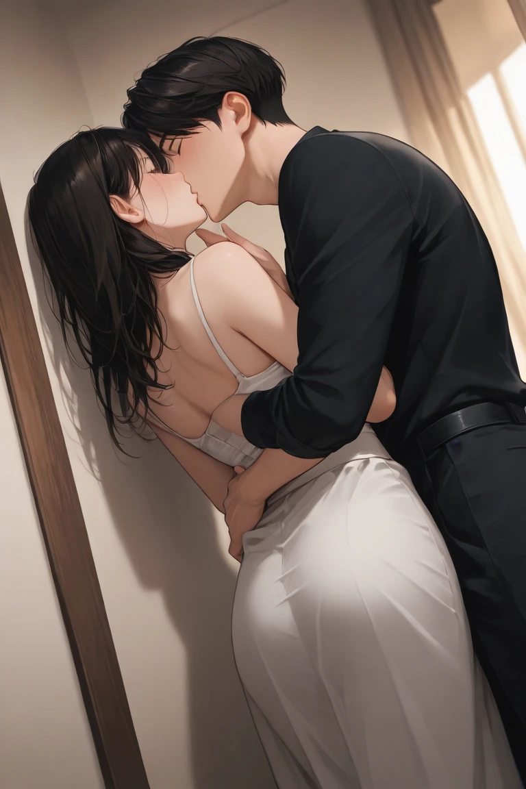 man and woman hugging each other、Men show their backs、The woman looks over her shoulder