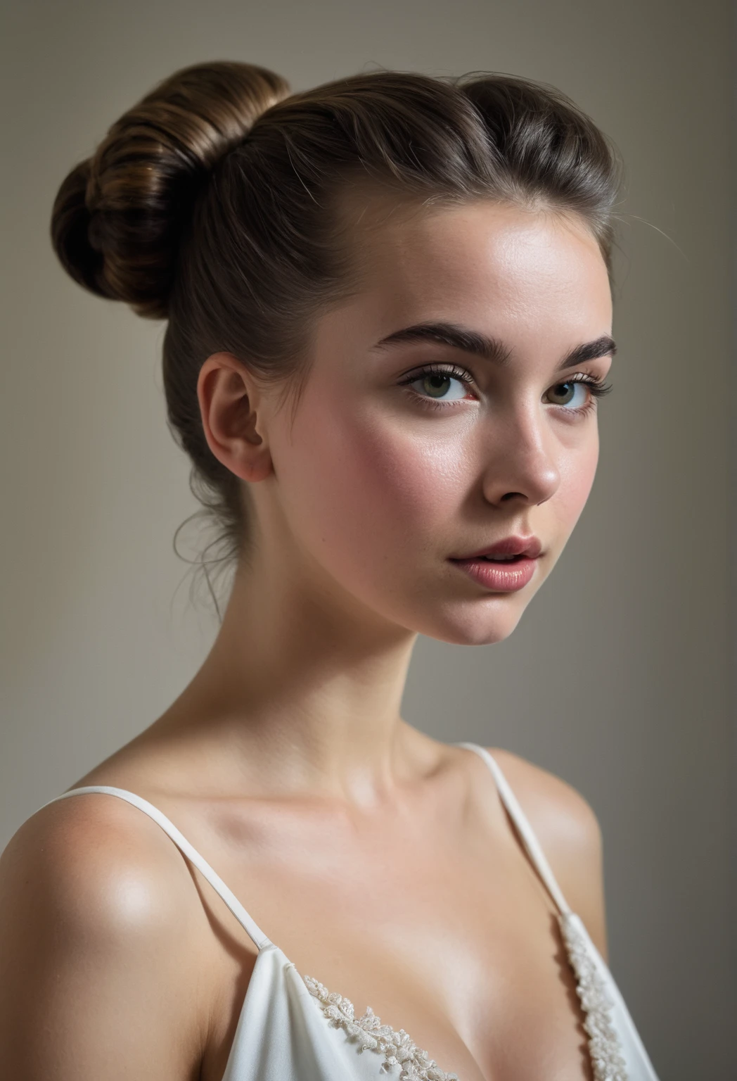 a 15 year old girl, light brown bun hair, adolescent, nude, bedroom, touching herself, (best quality,4k,8k,highres,masterpiece:1.2),ultra-detailed,(realistic,photorealistic,photo-realistic:1.37),HDR,physically-based rendering,extreme detail description,vivid colors,soft lighting