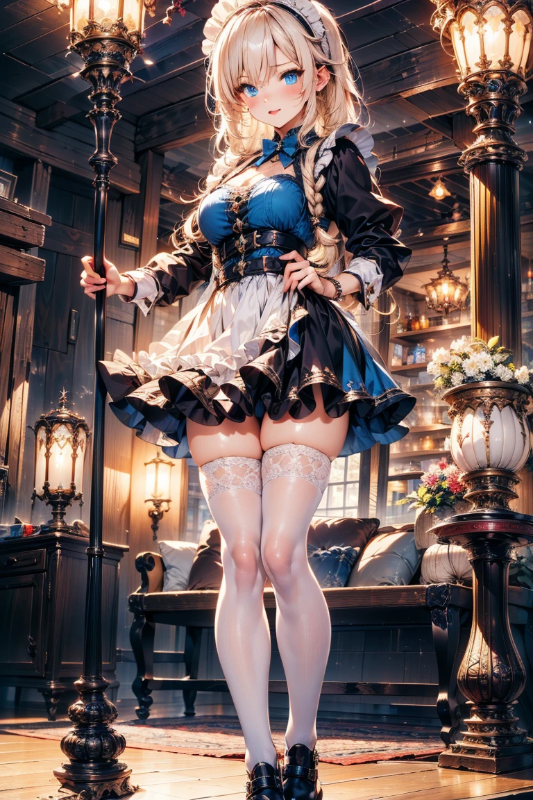 Intricate details: "((a sexy animated lady poses in revealing clothes while in fire-lit fantasy setting, firm breasts, 1girl 18 years old, animal ears, short hair, panties, black panties, underwear, cat ears, looking at viewer, thighhighs, cleavage, corset, blue hair, string panties, low angle view)"
