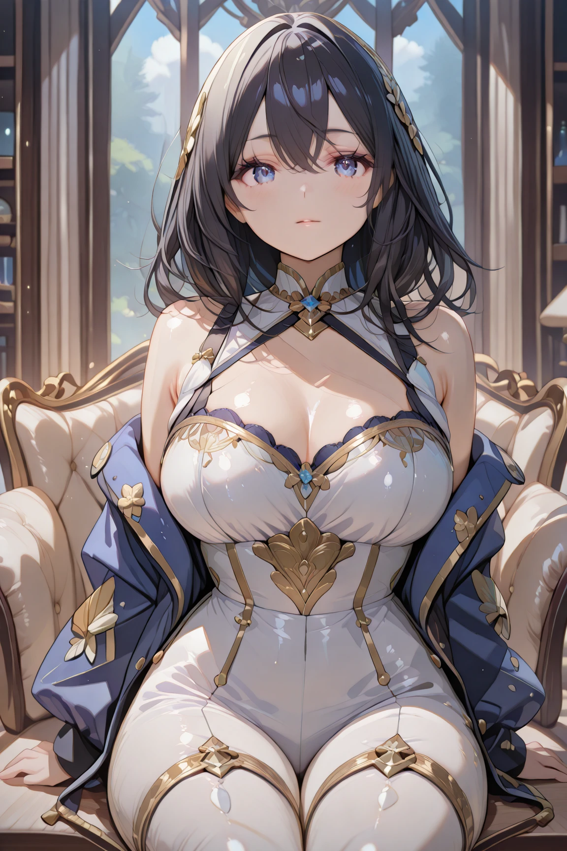 Temptation Pose Sexy body Attractive face Heart symbol Cute Smile An eye is a heart Attraction magic big Royal Background Sitting on the throne that'Please stick your legs out before you cross them.. Gorgeous costumes Provocative look Wear knee socks short hair Wearing a tiara