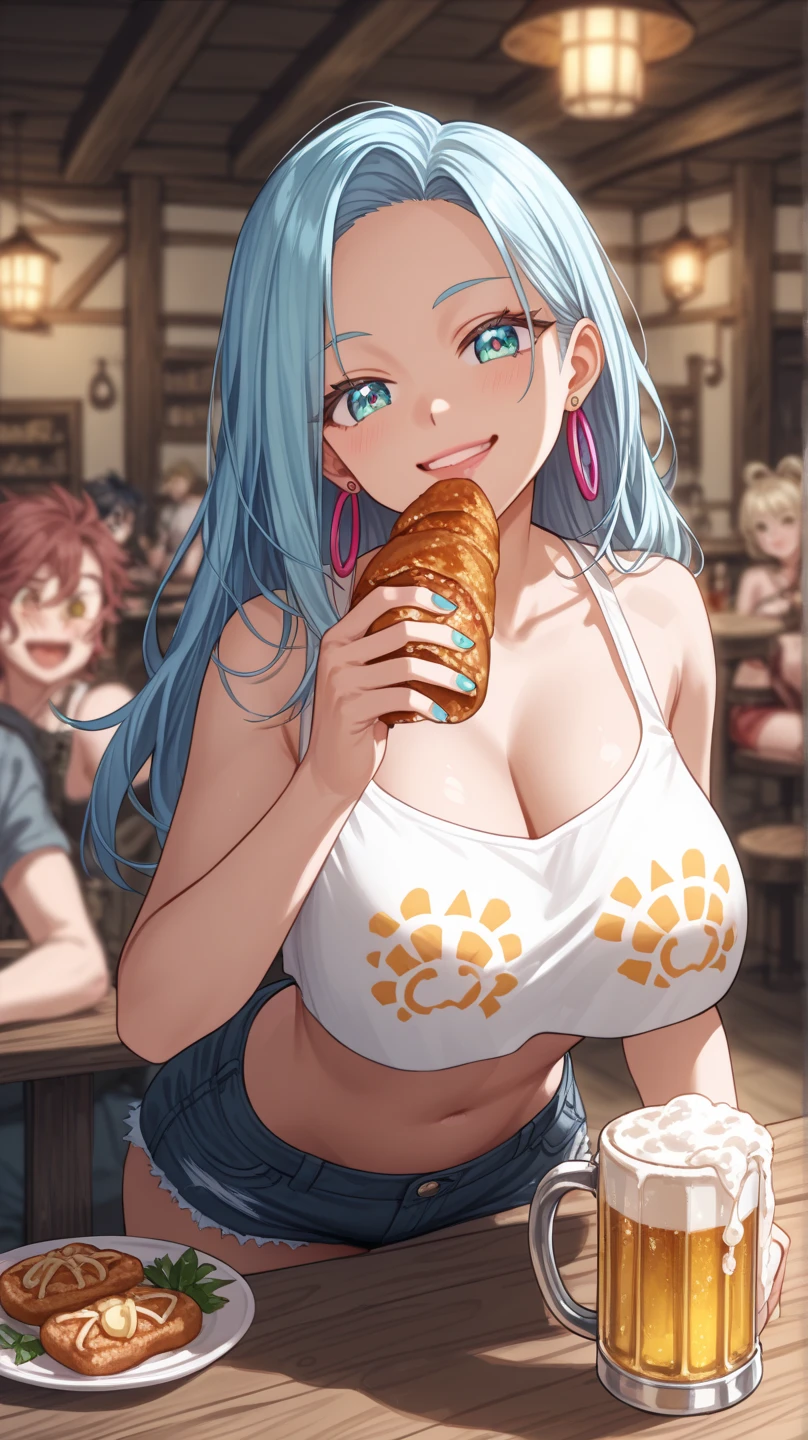 Make a girl inspired by Aqua from Konosuba. The girl will be looking straight ahead and holding a pineapple in her right hand and a bucket of water in her left hand.. Sunnyday