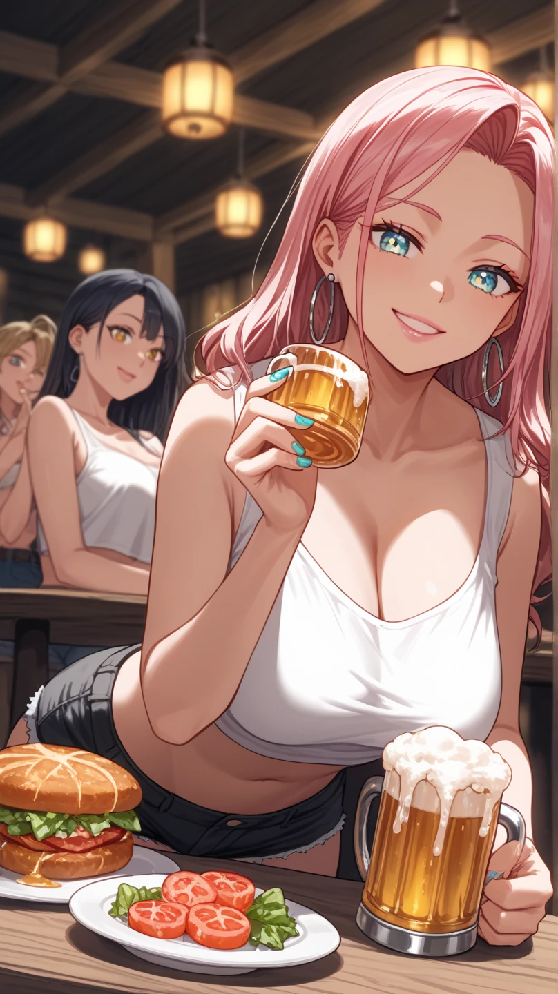 1girl, aaerina, long hair, crying, topless, denim shorts, in a crowded restaurant, masterpiece, best quality, highly detailed <lora:nakiri_erina_v1:0.7>