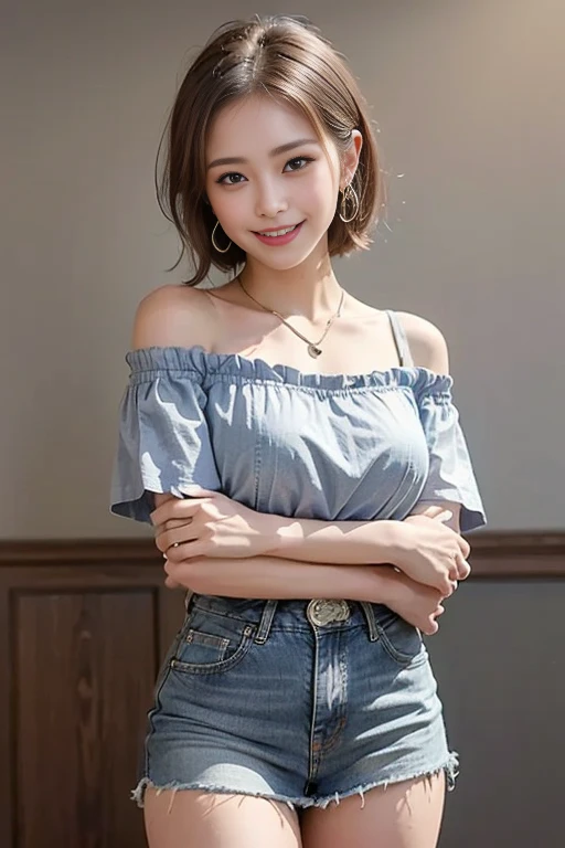 ((medium breasts⁩、tomgirl、))、(Chiseled abs:1.1)、(the perfect body:1.1)、(short wavy hair:1.2)、reddish brown hair、collars、chain、FULL BODYSHOT、crowded streets、Tank Tops、jean jacket、(ripped clothing:1.3)((shortpants))、(Very detailed CG 8k wallpaper)、(extremely delicate and beautiful)、(​masterpiece)、(top-quality:1.0)、(超A high resolution:1.0)、beautiful  lighting、perfect lightning bolt、realistic shadow、[high resolution]、Detailed skin、 ultra-detailed(((colourfull)))、High Real、Smile、teeth showing、low  angle shot
