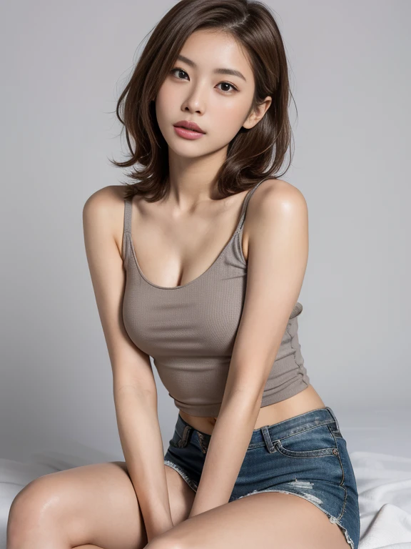 ((Middle breast, tomboy, head small)), Sunlight, Sunlight, (Chiseled abs: 1.1), (Perfect body: 1.1), (Short wavy hair: 1.2), Reddish brown hair, collar, chain, full body shot, crowded street, black tank top, (((Shorts)), (Very detailed CG 8k wallpaper), (Very delicate and beautiful), (Masterpiece), (Best Quality: 1.0), (Ultra High Resolution: 1.0), beautiful lighting, perfect lightning, realistic shadows, [high resolution], detailed skin, super detail, glossy / seduction,