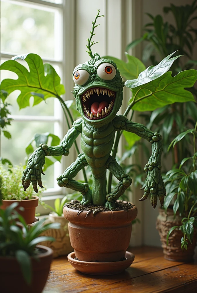 <lora:succplant_adam-cosine-8x4-4x1:0.8> huge succplant with angry eyes and a long mouth with sharp teeth,  lurking in a dark basement with roots all over the place, green leaves, roots, cinematic, horror theme, dark and gloomy, strong backlight from a window in the basement,