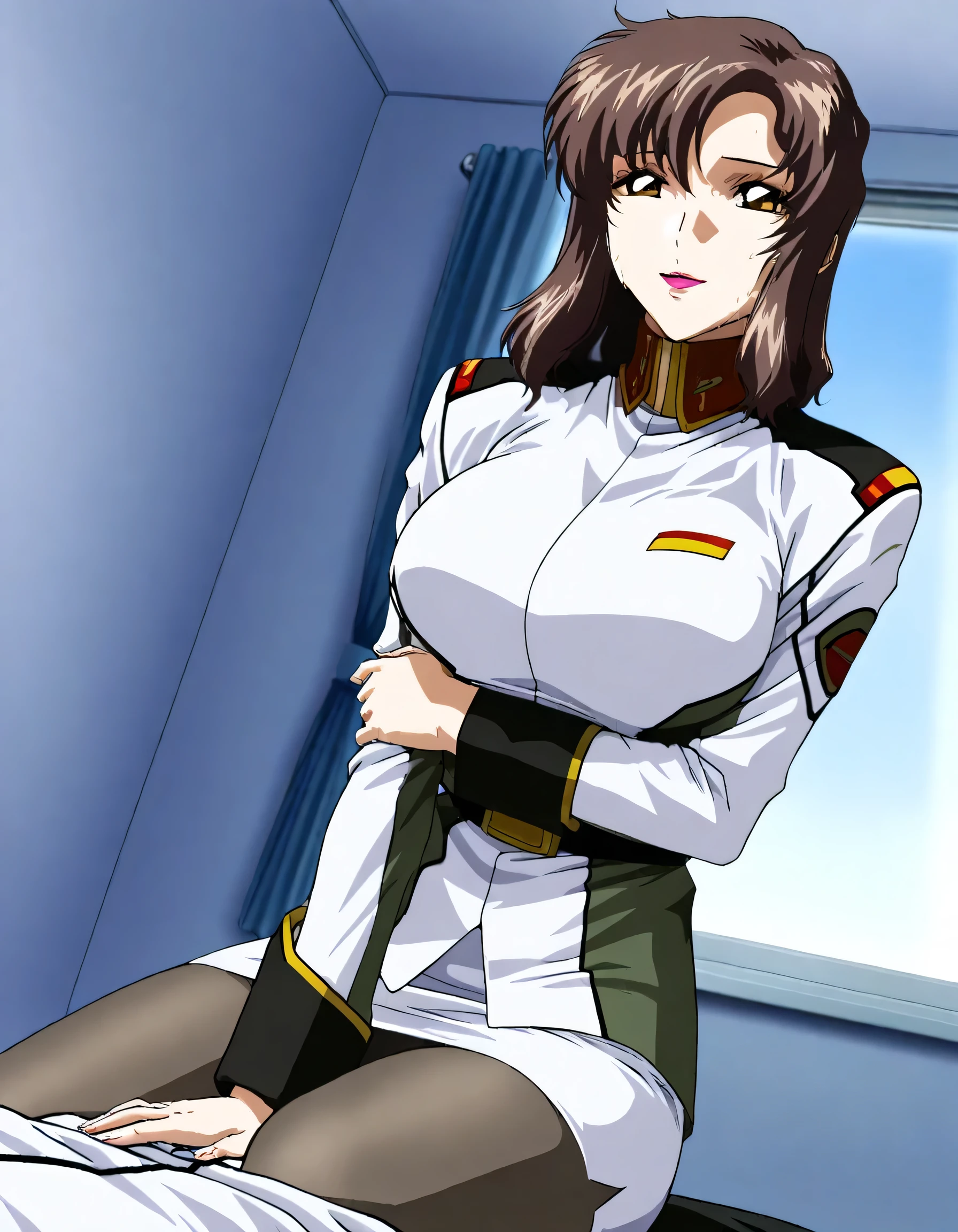 masterpiece, Highest Quality, very aesthetic,detailed eyes,great quality, High Resolution BREAK, 1 girl, solo, Murrue, brown hair,cowboy shot,from the side,big breasts, Mature Woman, (1990s \(style\):0.7),Muru, brown hair, brown eyes in the bedroom, long hair, lipstick, makeup,Military, Military uniform,uniform,jacket,(white jacket:0.7),Military, tight skirt,pantyhose,window,(smile:0.6),stares at the viewer, 非常にbig breasts，Big Breasts,low angle view facing camera，and look at the camera、 Take off your clothes、exposes your chest，非常にbig breasts，open your mouth、wet skin、wet face、sexual excitement,so many hearts are flying around , Obscene Sound Effects, Japanese Moan, sits down,(Raise your arms and cross them,),red lace lingerie,tight skirt, pantyhose, bedroom , Panchira on top of pantyhose ,