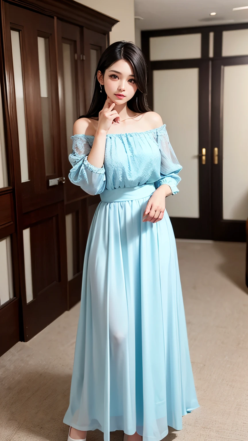 A perfect young female white-collar worker,Chinese big breasts,High picture quality,Works of masters,Black hair,Long hair shawl,Long hair flowing over the shoulders,Beach wave hairstyle,Crewneck T-shirt,shift dresses,exquisite face,Hydrated red lips,((Wear colorful and stylish summer clothing))(red colour,Orange colors,amarelo,cyan colors,blue colors,green color,Violet-orange,In pink,amarelo,Printed clothing),Kurfo,,Colorful pleated skirt,white stockings,over knee socks,Magic starry sky dress,Off-the-shoulder evening dress,Lace skirt,Puff sleeve skirt,Western-style coat,Tassel elements,Lace paneled elements,Openwork elements,Texture element,Real Human,CG rendering,16k,Stand up,Suzhou Garden,On the bridge,(Arms open:1.5),Do not show your hands,Close-up shot