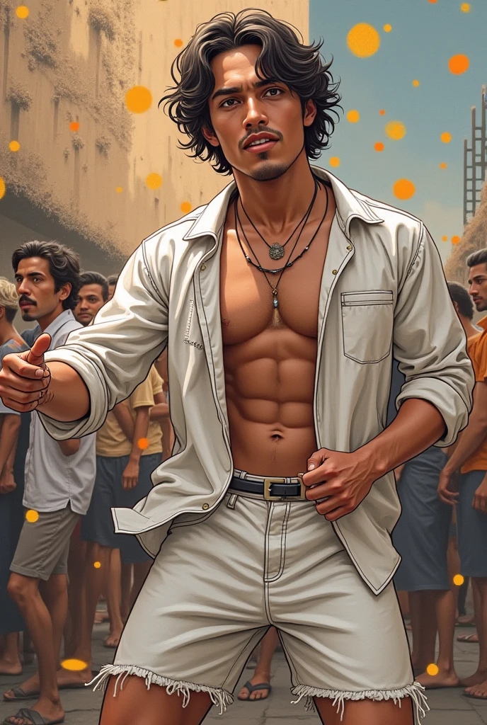 Draw a shirtless men, he is a hero, brown hair, , helping other people, make it a poser