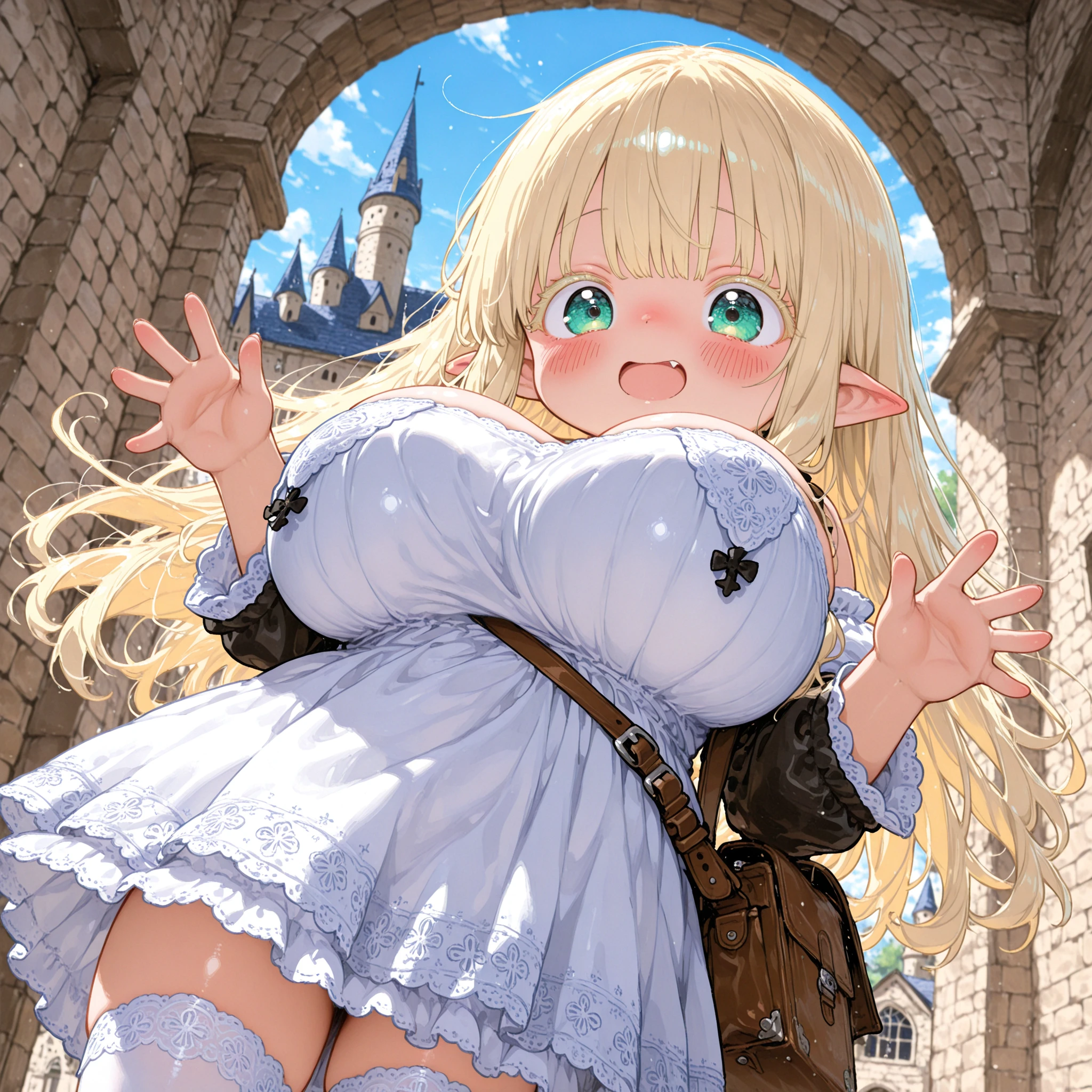 a tiny fortress on a cliff in front of a giantess, a tiny fortress on a cliff in front of the breasts of a giantess, fortress, cliffs, mountains, stone walls, huge (breasts:1.1), tall, cleavage,
AND a (tiny fortress on a cliff), cliff, (1girl:1.8), (girl on a cliff)