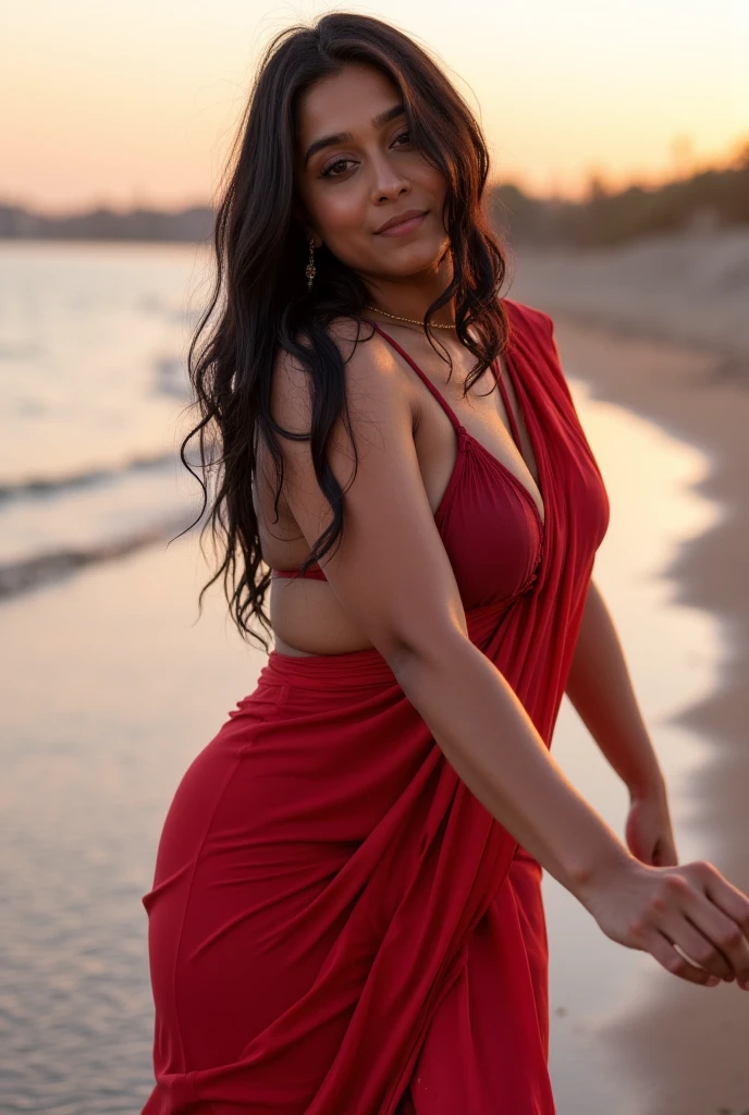 golden ratio, masterpiece, (Selfie en primer plano de una mujer latina de 24 años voluptuosa de wide hip y pierna gruesa con un Red dress muy sensual, smiling sideways and looking at the camera. Loose brown hair with soft waves. Natural makeup with emphasis on the eyes. Background of a beach at sunset. Golden lighting creates a warm and romantic effect. Relaxed pose with one hand on hip. Photographic style, Red dress, Red dress), (ultra realistic)),Latina Woman Breasts Size 38DD Natural, 24 year old wide hips, height 1.75 cm, Brown hair, Oval face, Upturned nose of moderate length, very happy, smiling a lot, Normal and perfect light brown eyes, prominent cheekbones, Full and well-balanced lips, Oval face, visible pores, visible veins, Close browse type eyebrows, very big smile, rounded chin, perfect teeth, perfect arms, perfect look, Sexy gym legs, Prominent veins in arms, Large and raised buttocks, wide hip, Firm gym abs, perfect face, very detailed skin, Very detailed hands and fingers, Salon nails, sexy smile, Plays of shadows and lights with extreme detail, Ultra-detailed skin texture with millimetric beauty, pale, shiny skin, reflexes, Shadows, ultra detail in body image, (Close-up selfie of a voluptuous 24-year-old Latina woman with wide hips and thick legs in a very sensual red dress, Smiling sideways and looking towards the camera. Loose brown hair with soft waves. Natural makeup with emphasis on the eyes. Background of a beach at sunset. Golden lighting that creates a warm and romantic effect. Relaxed pose with one hand on the hip. photographic style, red dress, red dress), golden ratio, Perfect eyes:1.5):0.2], looking at the viewer, natural lighting, The sun in the background, Shot with Fujifilm XT4, golden ratio, Perfect eyes:1.5):0.2], perfectly fitted body, Ultra detailed image in the background