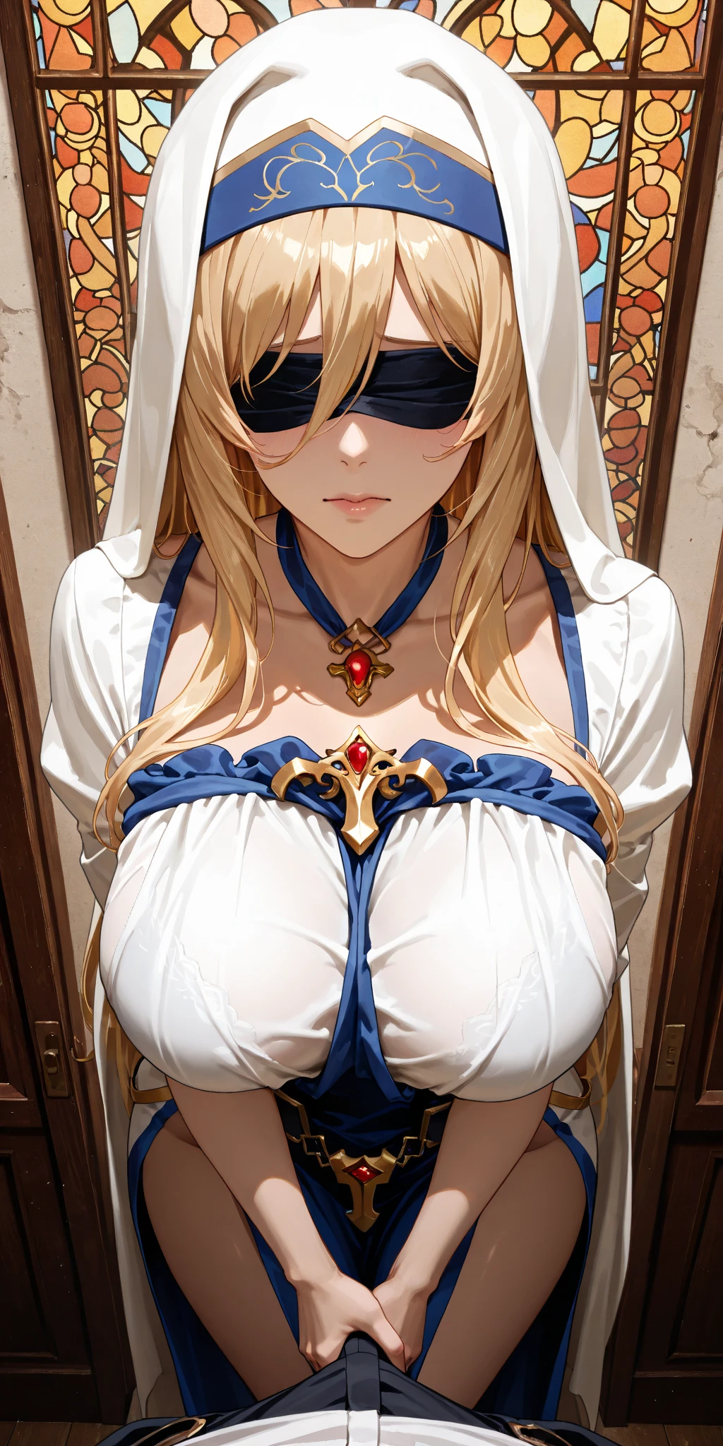 (masterpiece, top quality, best quality, official art, beautiful and aesthetic:1.2),full body, 1girl, priestess, long light blonde hair, messy hair, (wearing black blindfold:1.3), large breasts, cleavage, (white revealing robe, gold trim), (white hood:1.2), extreme detailed, colorful, perfect face, upper body, HDR, (light streaks), striking visuals, vibrant colors, temple background