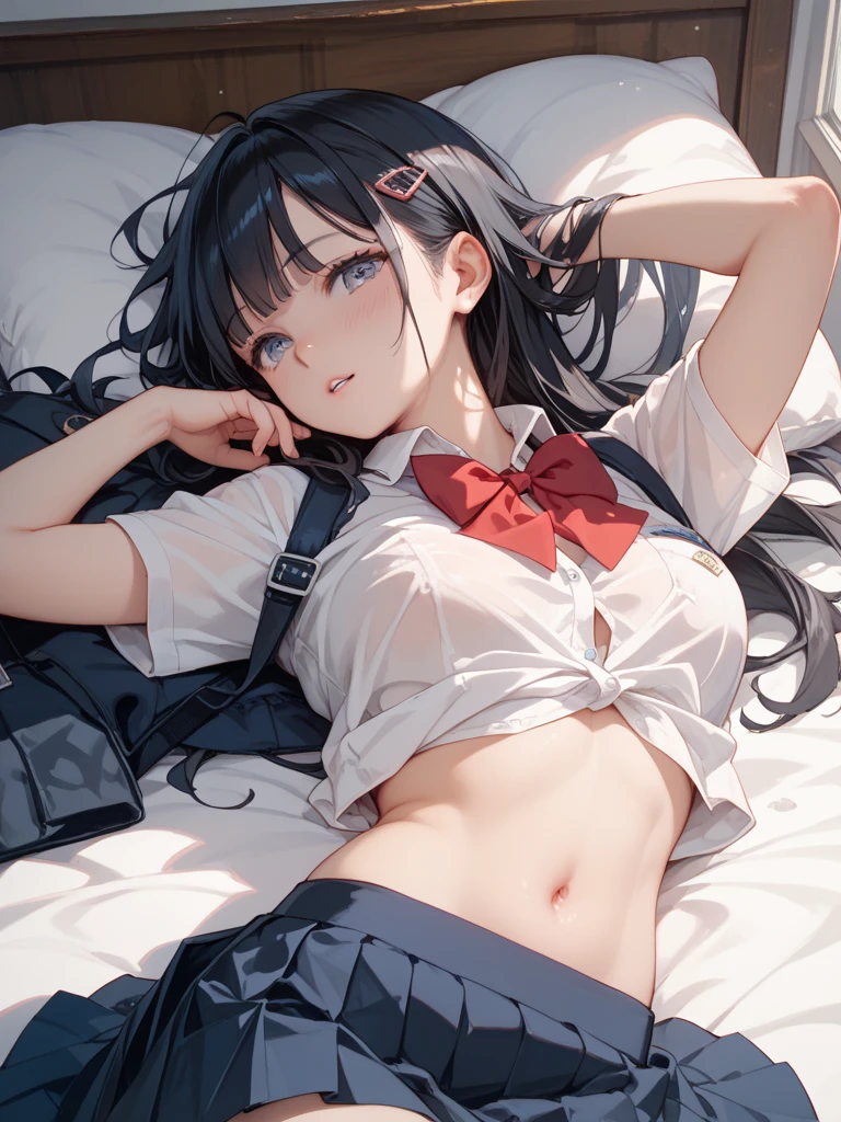 masterpiece, best quality, , 1boy, solo, ass, black bow, blush, bow, (bulge:1.4), crop top, crossdressing, hair intakes, long hair, looking back, lying, male focus, multicolored hair, on stomach, otokonoko, panties, pink hair, pink skirt, pleated skirt, purple eyes, school uniform, serafuku, skirt, solo, streaked hair, striped, striped panties, underwear , ahegao ,venti