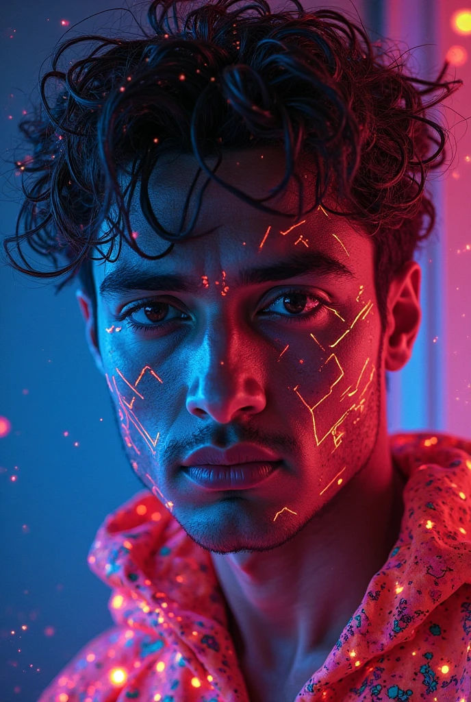 A 26-year-old Latino man stands confidently against a completely white background, drawing all attention to him. He has semi-defined muscles that highlight his athletic physique without being overly bulky. He is wearing fitted boxer briefs that accentuate his toned legs and slim waist. His skin has a warm, golden tone that glows under the light, with vibrant neon reflections dancing across his body, adding an edgy and dynamic flair. With a cheerful expression and a relaxed posture, he crosses his arms over his chest, exuding a mix of strength and approachability. His dark hair is neatly styled, complementing his overall appearance. The simplicity of the completely white background emphasizes his form and physique, showcasing his body in a striking yet tasteful manner enhanced by the colorful neon highlights.