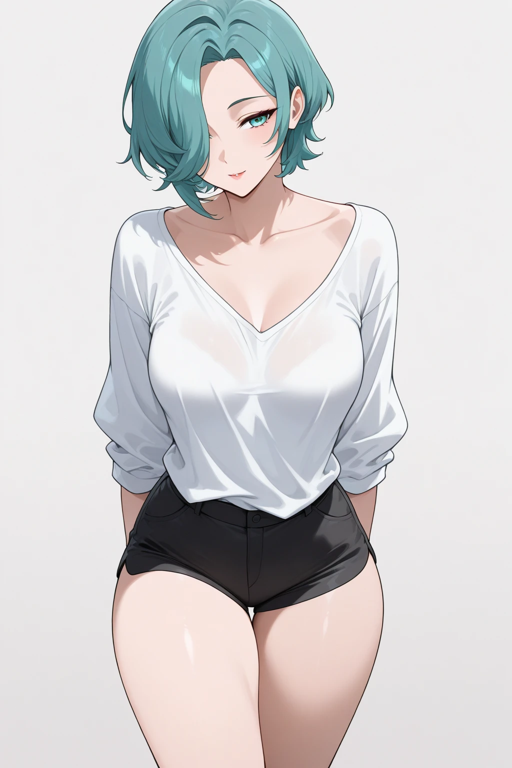 masterpiece, best quality, artist:yoo tenchi, 1girl, solo, toyokawa fuka, short hair, messy hair, wavy hair, dark blue hair, antenna hair, brown eyes, white crop top, latex shorts, large breasts, wink right, looking at viewer, no background, white background