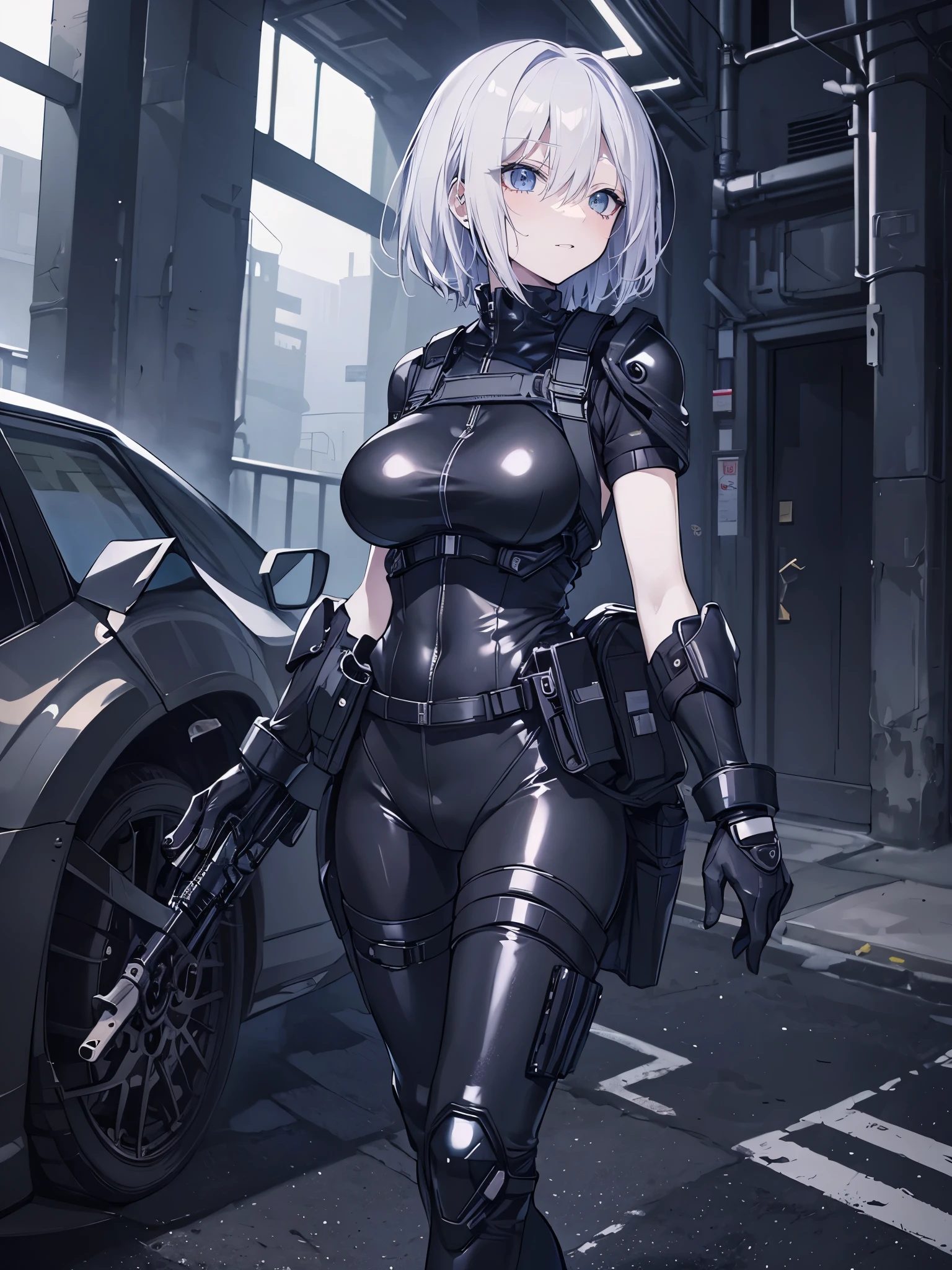 ((best quality)), ((masterpiece)), (detailed), anime girl gesture, walking, (looking away),  shy look, short black hair, big breasts, sexy, ,ojos detaileds, blue eyes, (((pale skin))), tactical hip covers,  chest harness , ((battlesuit tight black)) ((black gloves)), ((shiny black tight leggings)), Special mission, ((at night)), ((dark alley)), city, heavy rain, Approach,
