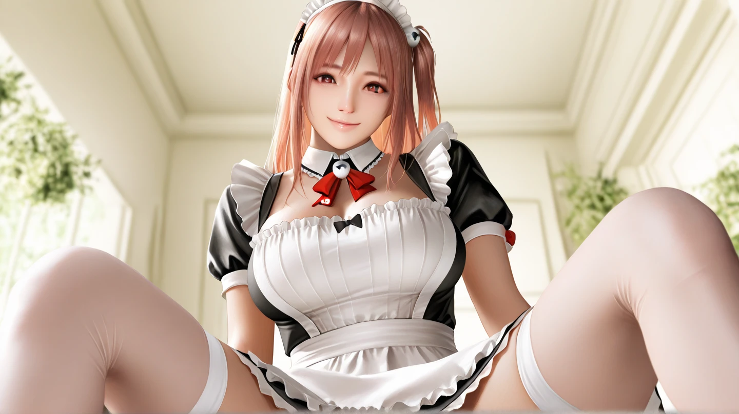 (master part, best quality:1.3)
DOAHonoka, 1girl, sozinho, cabelos longos, seios, large seios, coxas, arco, clivagem, olhos castanhos, corpo inteiro, cabelo rosa, avental, salto alto, white coxas, punhos, maid, maid headdress, colarinho destacado, um lado para cima, maid avental nsfw