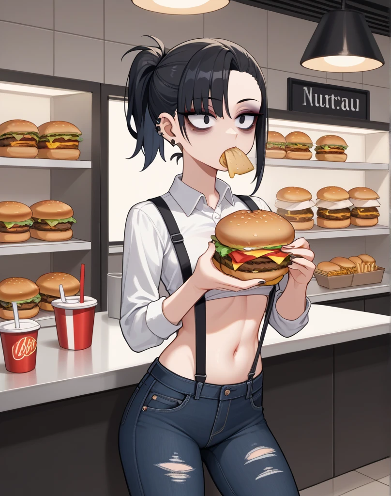 College boy. Boy. Male. Short hair. He is a handsome man, very disciplined and studious. He has a slim toned body and a thick rear, wears a black short short, making his voluminous large ass stand out. Male character. Orange crop top. Short Black messy boy hair. High quality. rear pointed at camera, holding a giant burger. In an abandoned store.