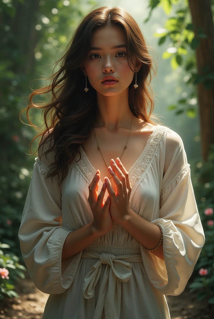 A virgin with her bush and white clothes, black hair smiling and with open hands looking at me