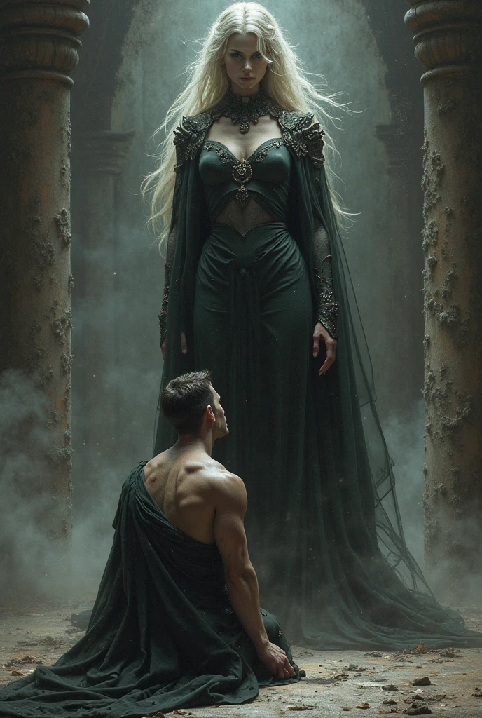 Scary Vampire Queen girl 2 (and vampire King), Extremally erotic woman (topless), long silver/black hair, She stands on the ruins above thousands of naked zombies and corpses groveling before her, ragged remains of classic clothing from the 18th century, generate vintage and very old image.