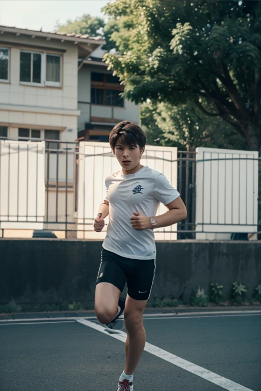 Cinematic Photo of a handsome japanese men 25-30 y.o fashion model, medium black hair. He is a runner. Wearing top tank. Running on the street on euro. Morning time