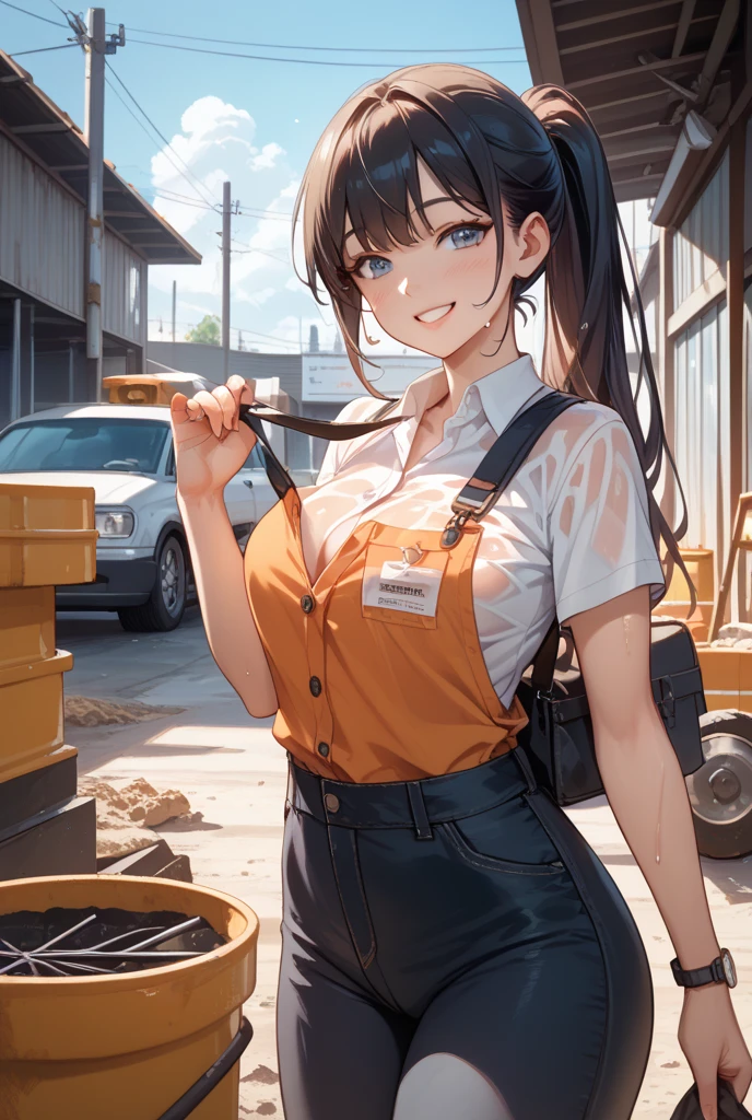 young woman, mechanic engineer, orange Coverall \(work clothes\), black bare top bra, black hair, ponytail, embarrassing, (embarrassed smile), blush, open stance, in the garage, cowboy shot, masterpiece, super detail, best quality, bokeh