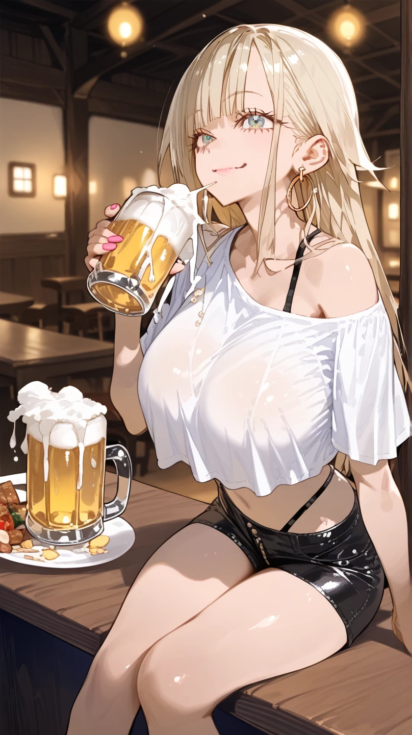 masterpiece, Highest quality, High resolution, Lucy Heartfilia, Blonde, Long Hair, Side Ponytail, Blue Ribbon, Large Breasts, Earrings, High Boots, Tight tank top, Short hot pants, denim shorts, town, Market stall, Outdoor, walking, Beer mug, Several men, (Sweat:1.5)
