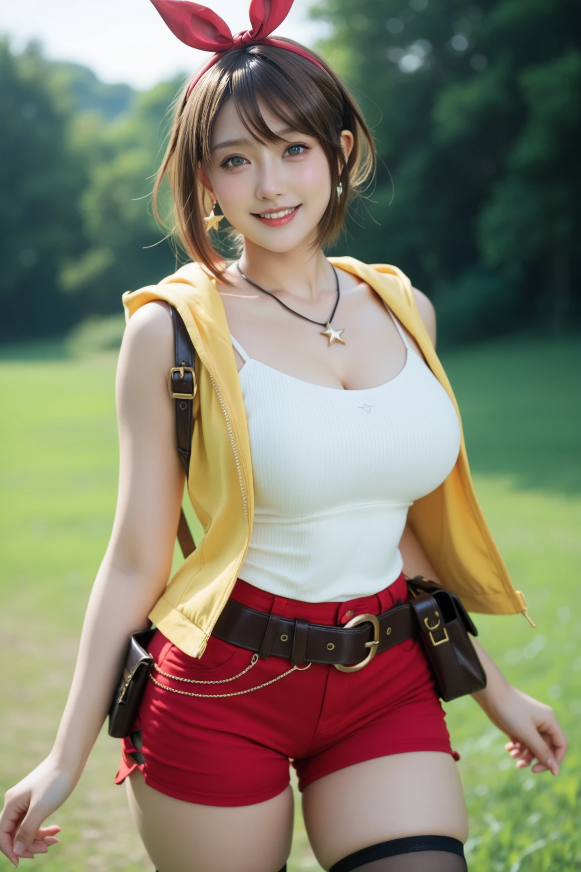(masterpiece)), ((best quality)), (ultra-detailed), ((kawaii)), cute, (lovely), ((extremely detailed)), 4K, (8K), best quality, (beautiful),(((world-class quality))), extremely detailed, high resolution, (detailed shaded pretty face), full body, teenage, solo, (((sagging breasts))), 1stDefault, First Clothing, bare thighs. red shorts, white and light blue sleeveless shirt, open yellow jacket, garter straps, thigh boots, leather belt, smile