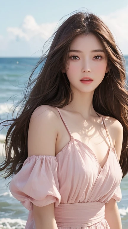 highest quality、genuine、Super detailed、finely、High resolution、8k wallpaper、one beautiful woman、、、light brown disheveled hair、wearing a pink tank top、sharp focus、perfect dynamic composition、beautiful and detailed eyes、thin hair、Detailed genuine skin texture、smile、model body shape、In a seaside