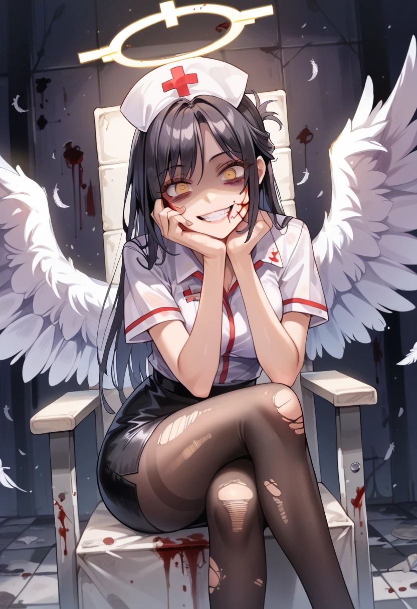 1 girl,long black hair,big breasts,angel,angel wings,halo,white tunic,languid,sluggish,empty eyes,bored,lonely,sigh,half-closed eyes,sharp eyes,open eyes,air is heavy,sitting,Right knee up,Right elbow on right knee,holds a cigarette in her right hand,exhaling cigarette smoke from her mouth,heaven,floor is made of fluffy clouds