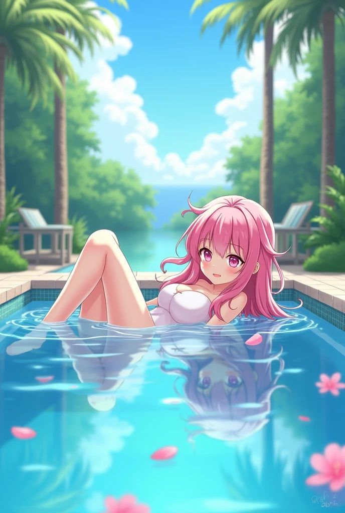 beautiful girl Mitsuri Kanroji from kimetsu no yaiba posing in the swimming pool