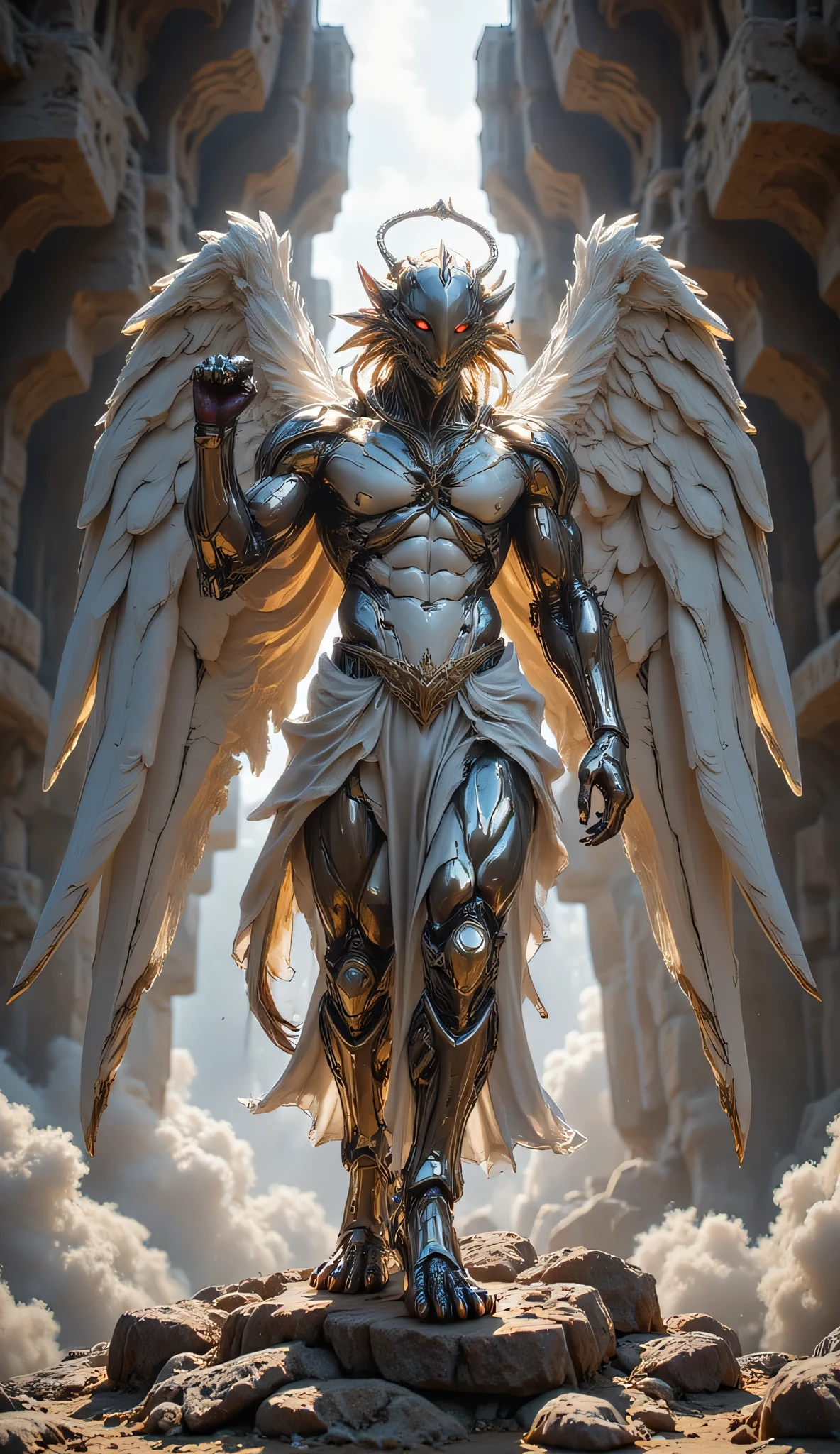 Surrealistic,Front view, In light of heaven,A male angel throw up hands & praise you again and again 🙌🏼 cause all that I have is a hallelujah.Many angles praise around him.