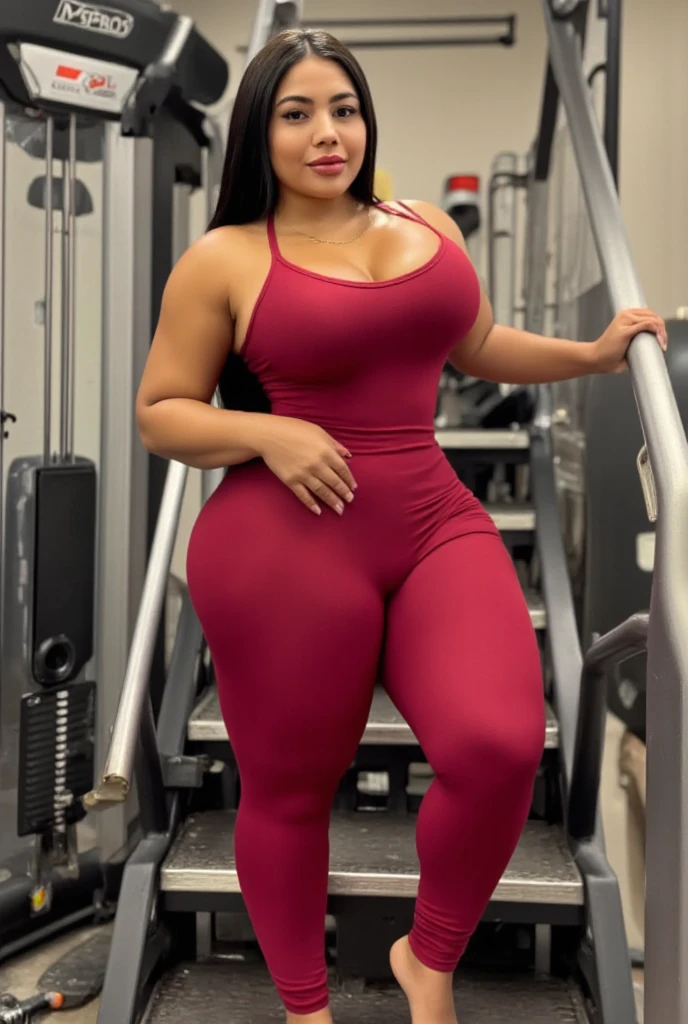 Mulher incrível usando um beige spandex with red numa academia de ginástica, art with bright lighting, 4k artwork, wide-angle, (beige spandex with red), hyper realistic skin texture, drops of sweat by the body
