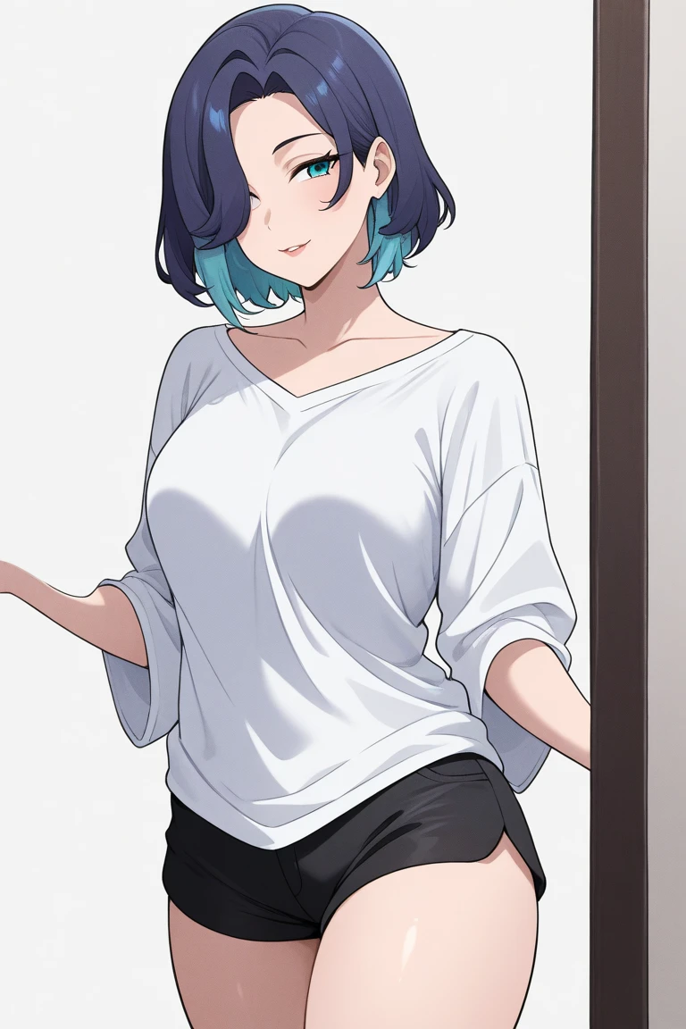 Kurokawa akane, solo girl, in bed, short hair, dark blue hair and  green eyes, light shirt and no bra, anime visual of a cute girl, screenshot from the anime film, & her expression is solemn, in the anime film, in an anime, anime visual of a young woman, she has a cute expressive face, still from anime, big breast, red cheek, lustful face, fair skin