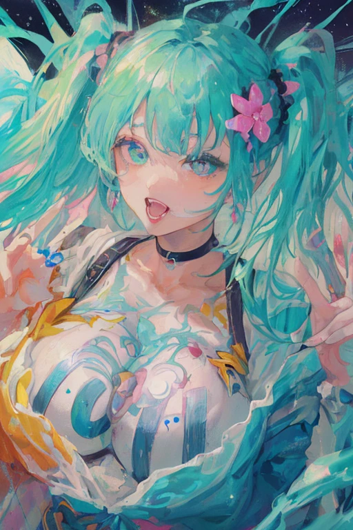 ((kinako (shiratama mochi) style)), colorful eyes, soft style, masterpiece, solo, 1 girl, topless, large nipples, nipples, black shorts, beautiful art, vibrant, colorful, medium breasts, multicolored hair, cat ear headphones, full bangs, teen, body, narrow waist, slender legs, hairband, choker, smiling, peace sign, spats, navel, thigh strap, abstract, paint splash, light hair, tongue out, long tongue, side tail hair ornaments, paint on body, waist pouch, yellow eyes, star sticker on face
